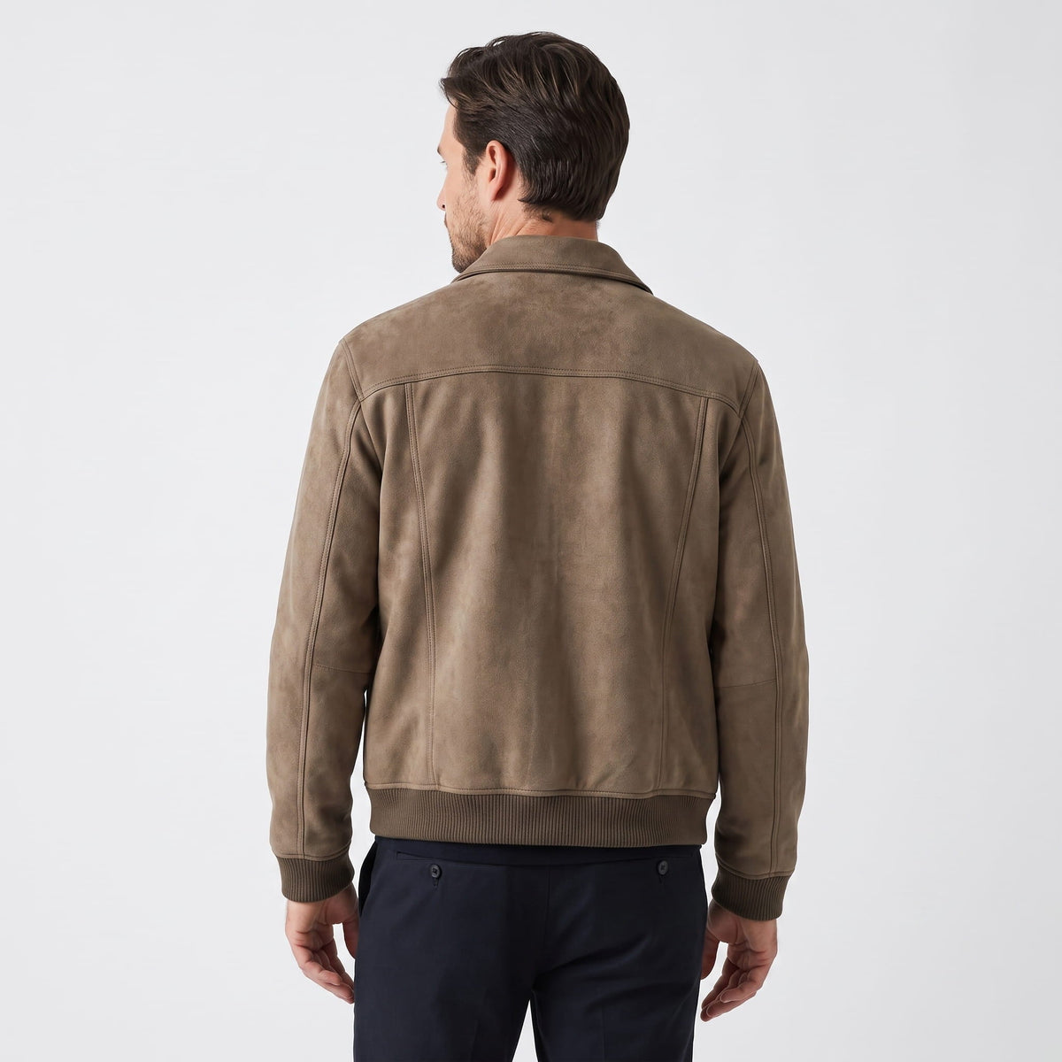 Men's collared trucker jacket with snap front and multiple pockets
