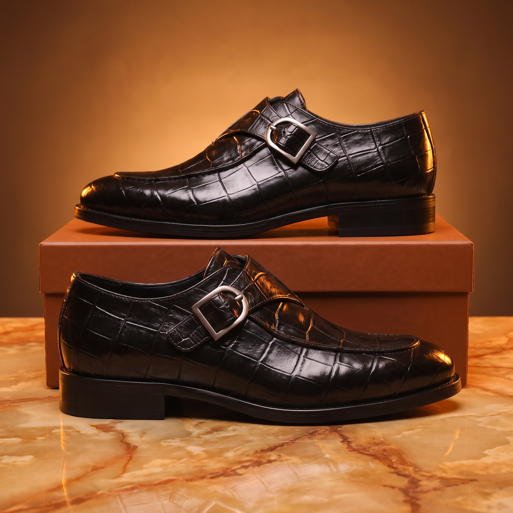 Crocodile pattern loafers with buckle straps and low heels