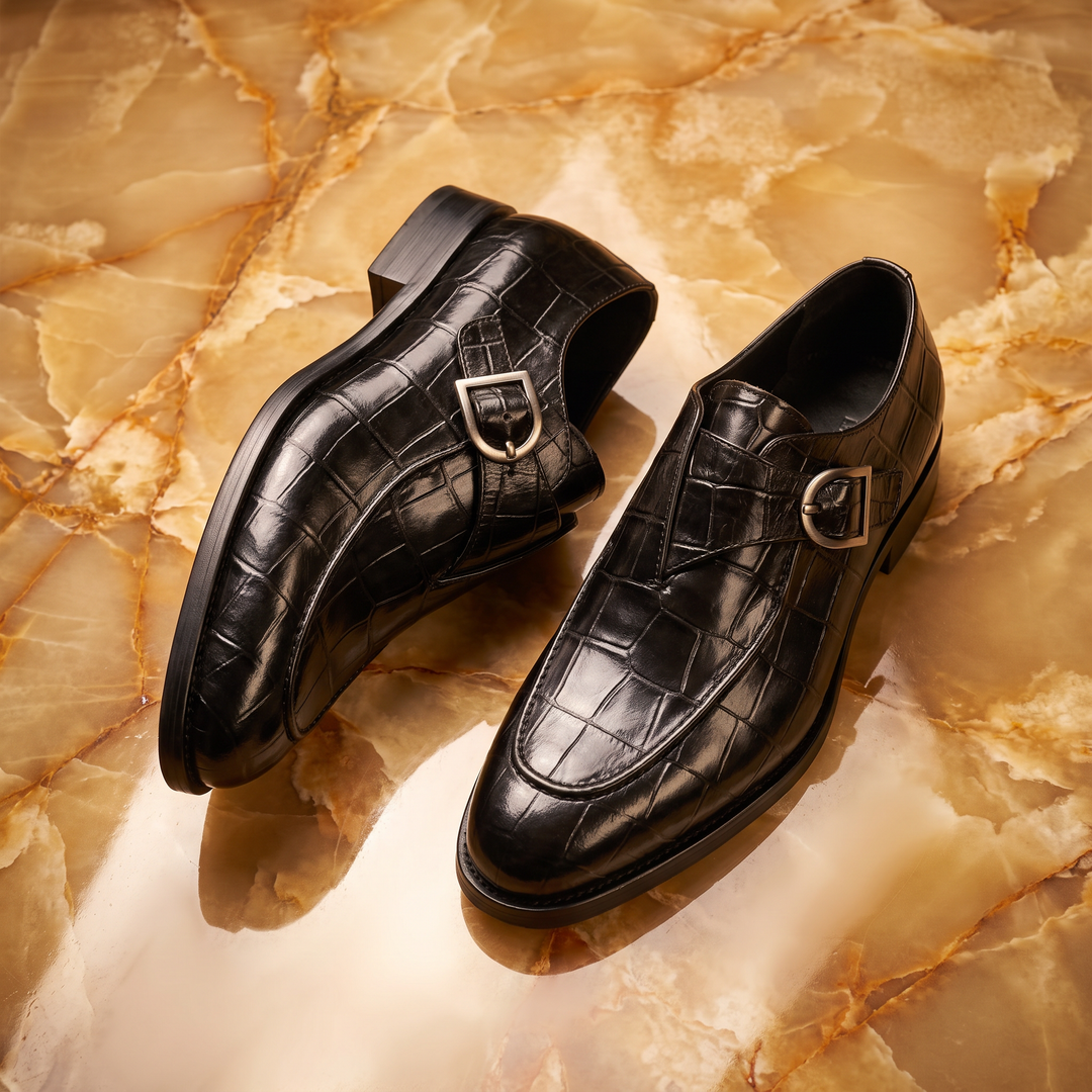 Crocodile pattern loafers with buckle straps and low heels