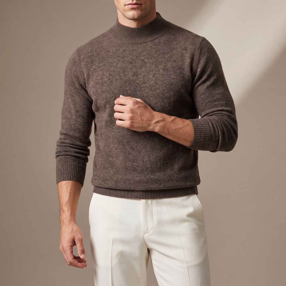 Unisex textured mock neck sweater with long sleeves and ribbed trims