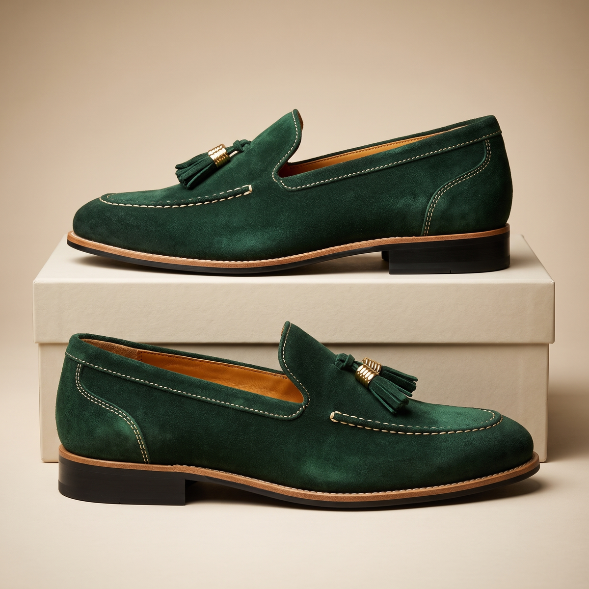 Men's slip-on loafers with tassel detail, moc toe stitching and low block heel
