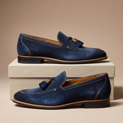 Men's slip-on loafers with tassel detail, moc toe stitching and low block heel