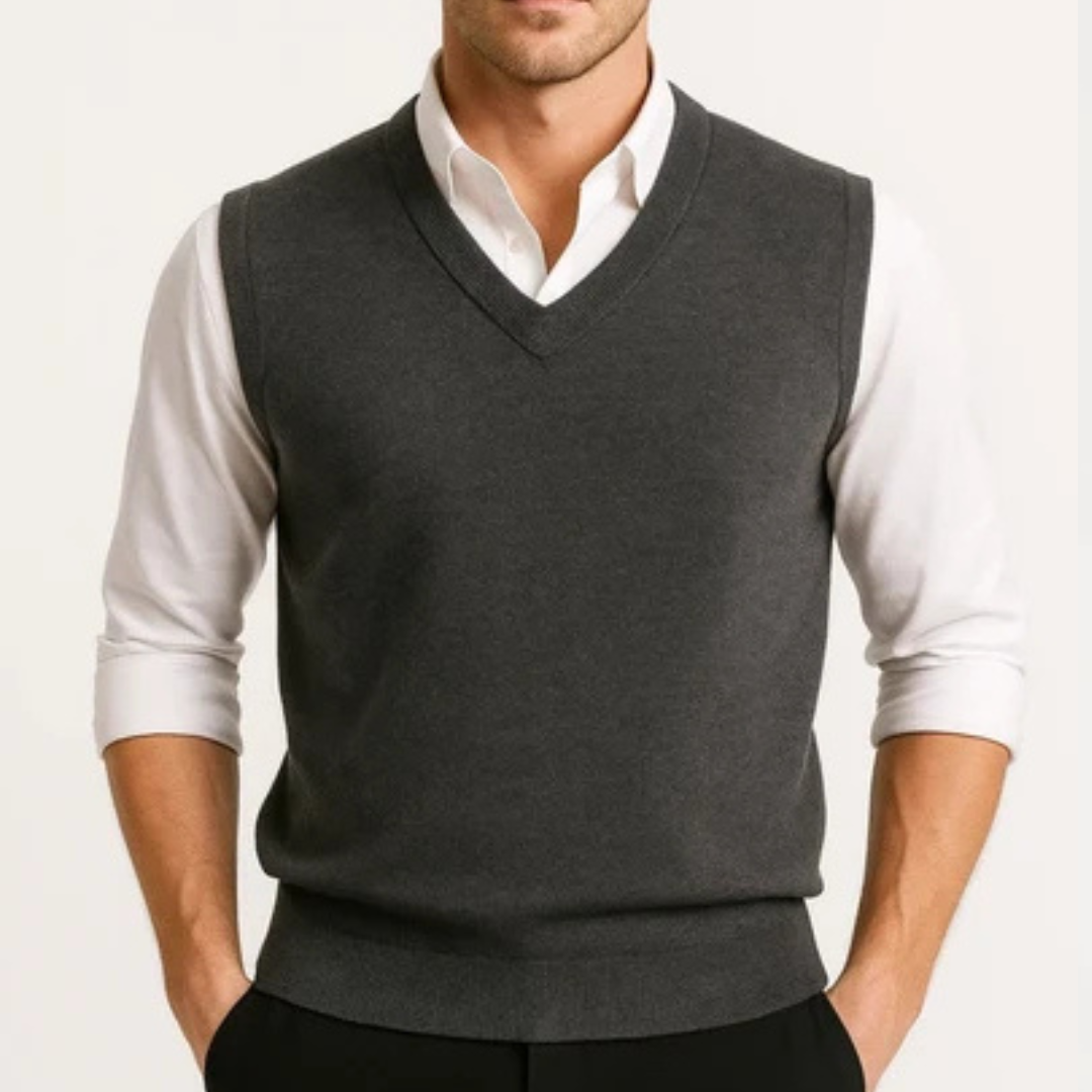 Men's sleeveless V-neck sweater vest layered over a collared shirt