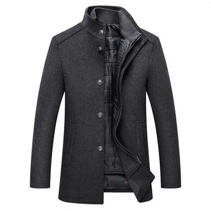Men's winter coat with stand collar, button front and quilted lining