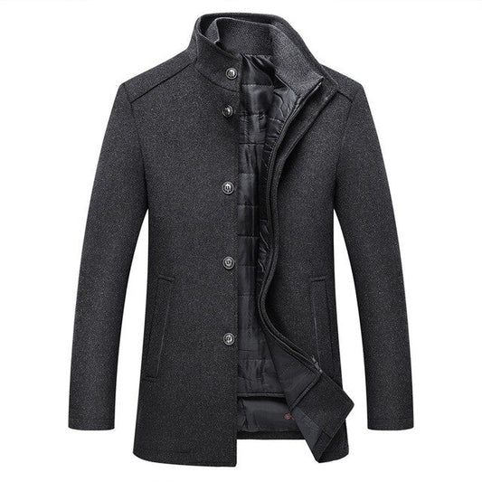 Men's winter coat with stand collar, button front and quilted lining