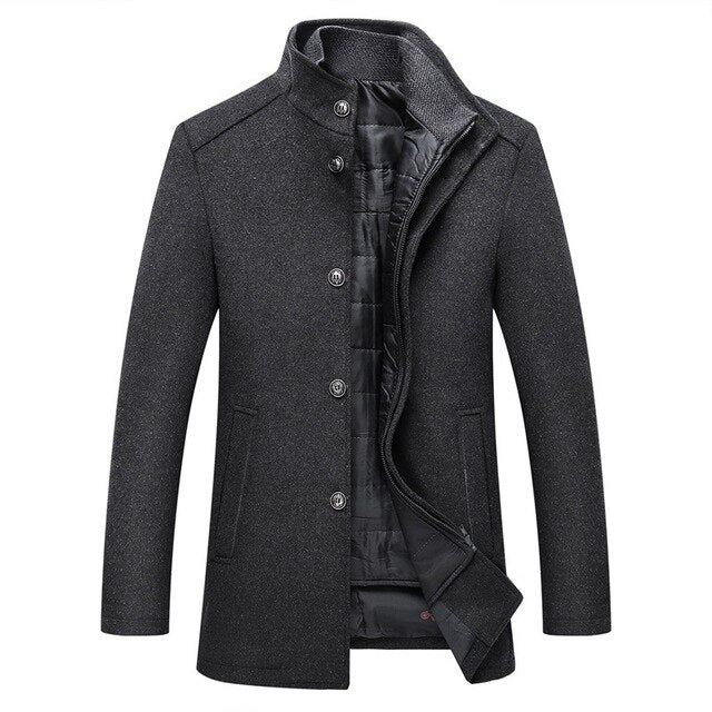 Men's winter coat with stand collar, button front and quilted lining