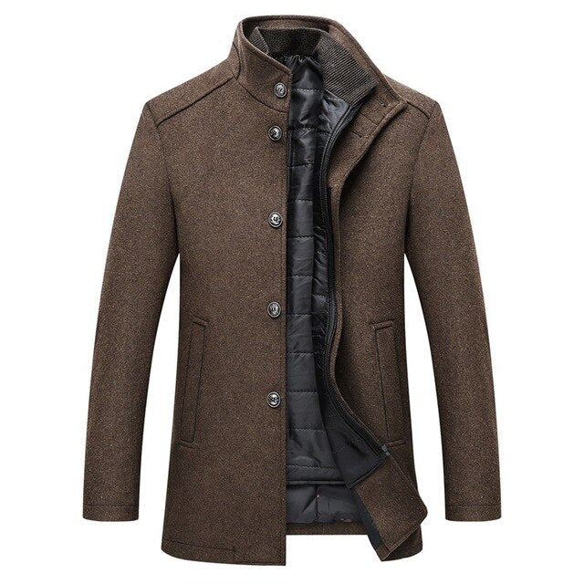 Men's winter coat with stand collar, button front and quilted lining