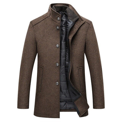 Men's winter coat with stand collar, button front and quilted lining