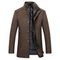Men's winter coat with stand collar, button front and quilted lining