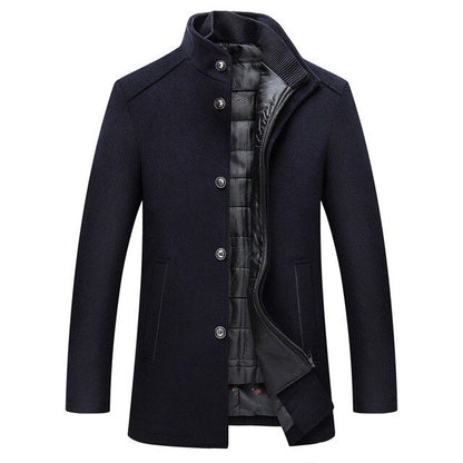 Men's winter coat with stand collar, button front and quilted lining