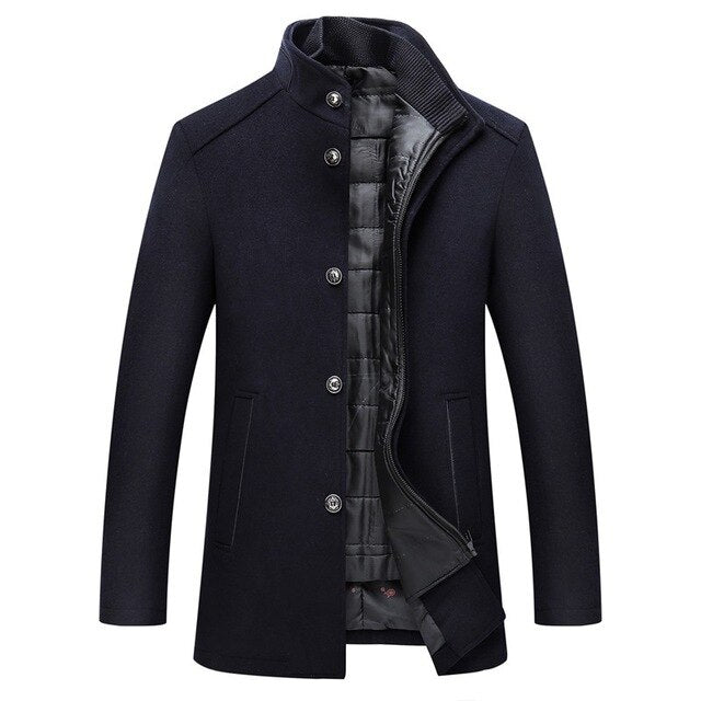 Men's winter coat with stand collar, button front and quilted lining
