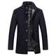 Men's winter coat with stand collar, button front and quilted lining
