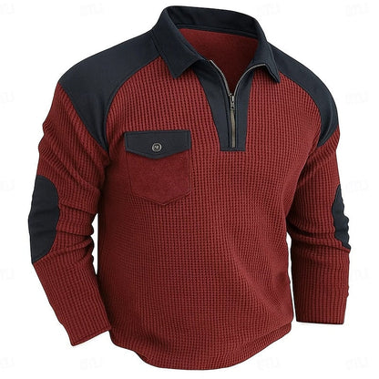 Men's long-sleeved ribbed quarter-zip jumper with contrast panels, elbow patches and chest pocket