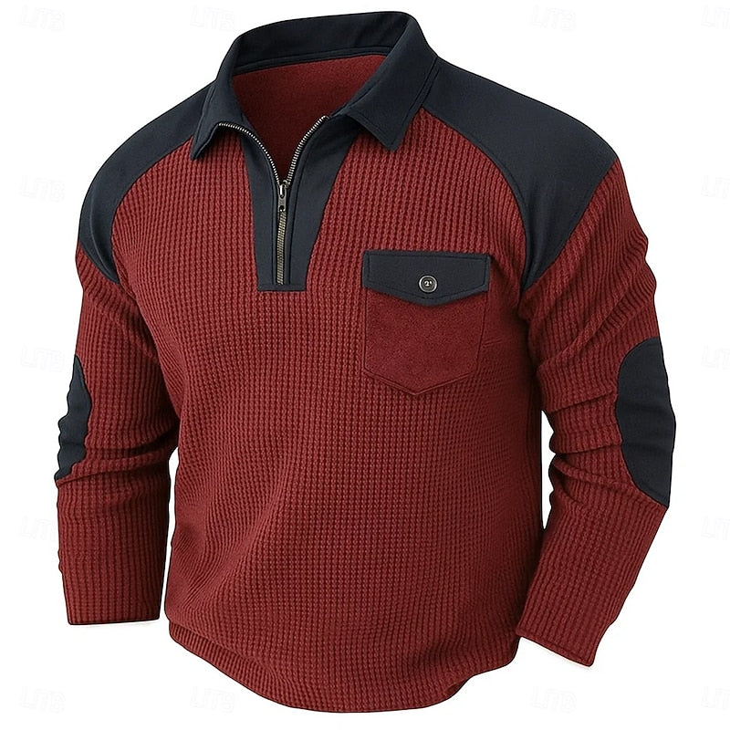 Men's long-sleeved ribbed quarter-zip jumper with contrast panels, elbow patches and chest pocket