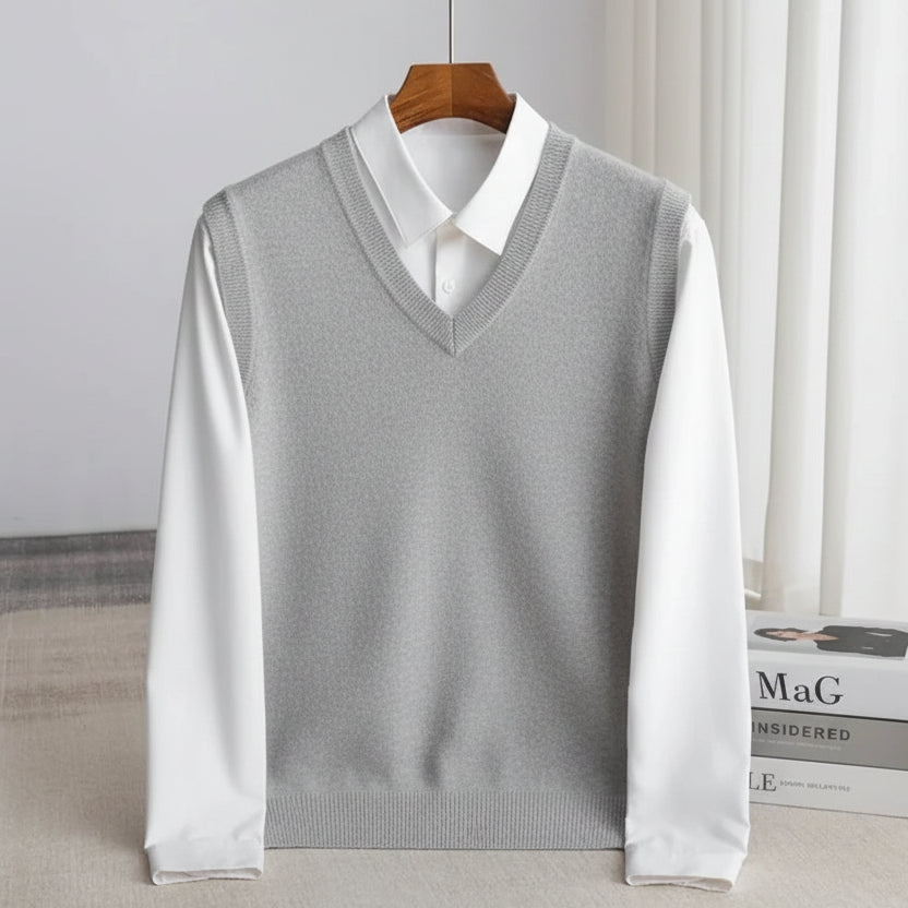 Men's plain knit V-neck sweater vest with sleeveless cut and ribbed trims