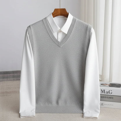 Men's plain knit V-neck sweater vest with sleeveless cut and ribbed trims