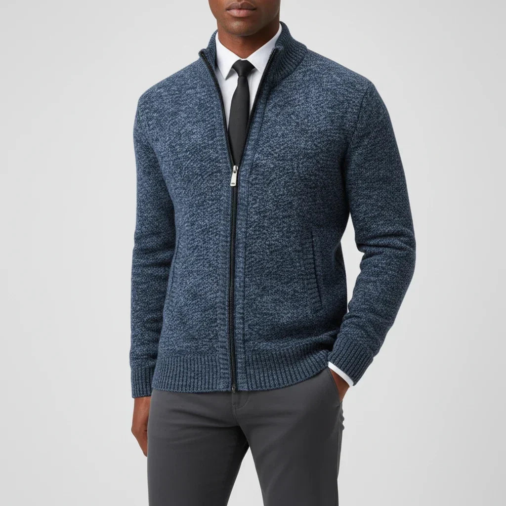 Men's stand collar knitted cardigan with full zip and two front pockets