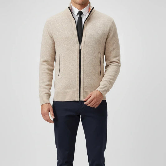 Men's stand collar knitted cardigan with full zip and two front pockets