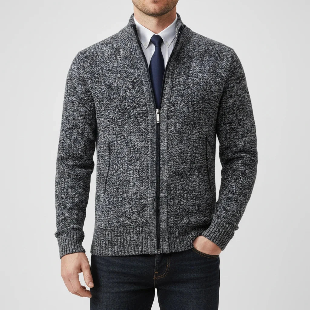Men's stand collar knitted cardigan with full zip and two front pockets