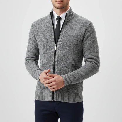 Men's stand collar knitted cardigan with full zip and two front pockets