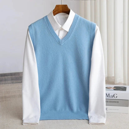 Men's plain knit V-neck sweater vest with sleeveless cut and ribbed trims