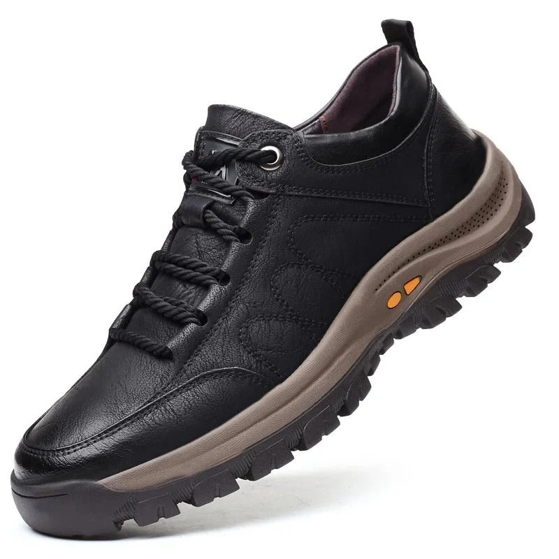 Men's black leather lace-up orthopedic shoes with cushioned midsole and treaded sole