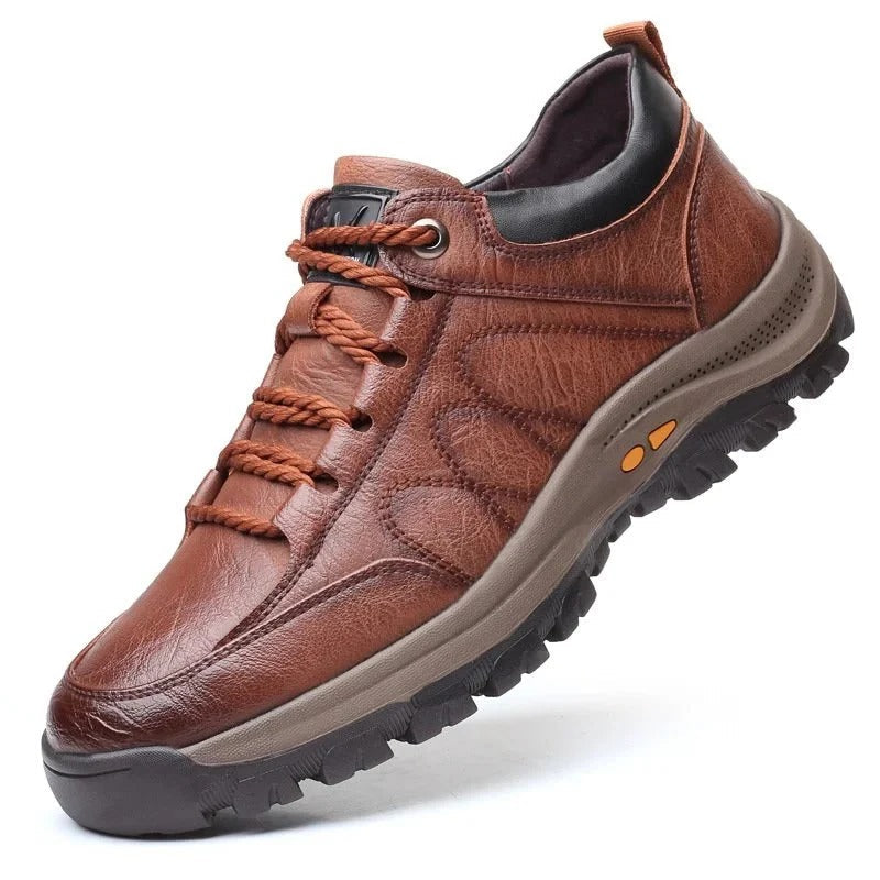 Men's black leather lace-up orthopedic shoes with cushioned midsole and treaded sole