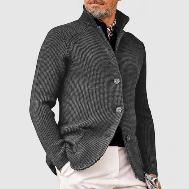 Men's ribbed knit cardigan with stand collar and button front