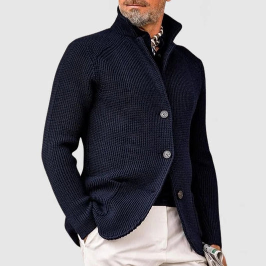 Men's ribbed knit cardigan with stand collar and button front