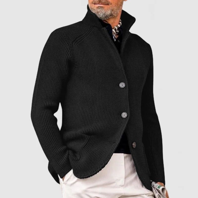 Men's ribbed knit cardigan with stand collar and button front