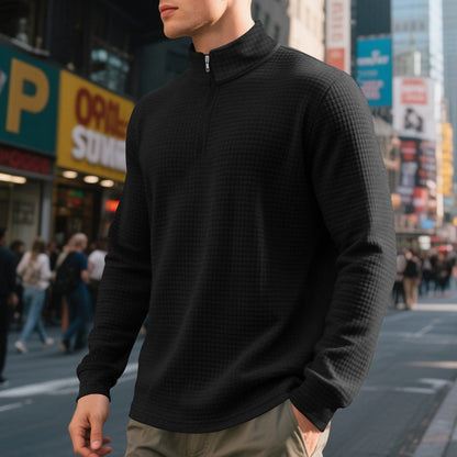 Men's textured half-zip sweatshirt with a high mock neck and long sleeves