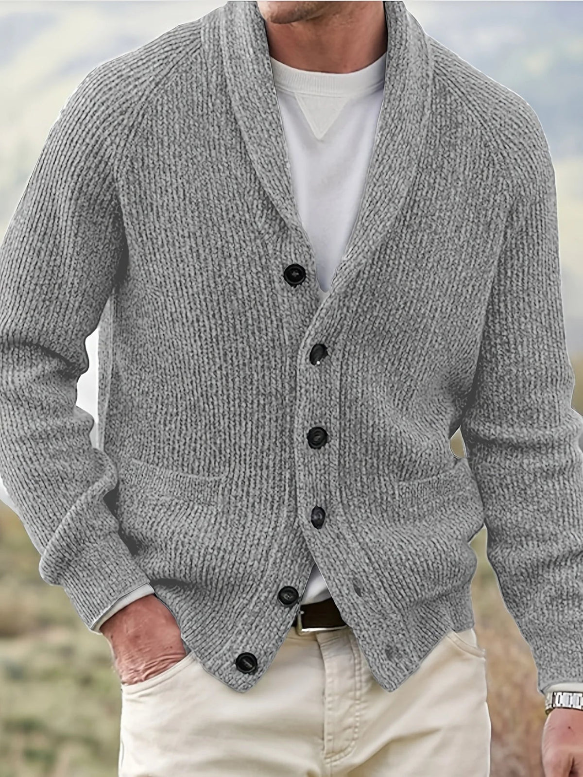 Men's textured knit cardigan with shawl collar, buttons and front pockets