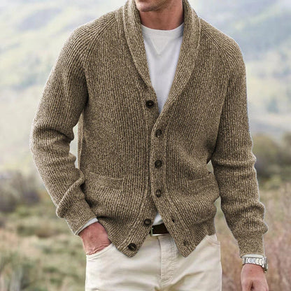 Men's textured knit cardigan with shawl collar, buttons and front pockets