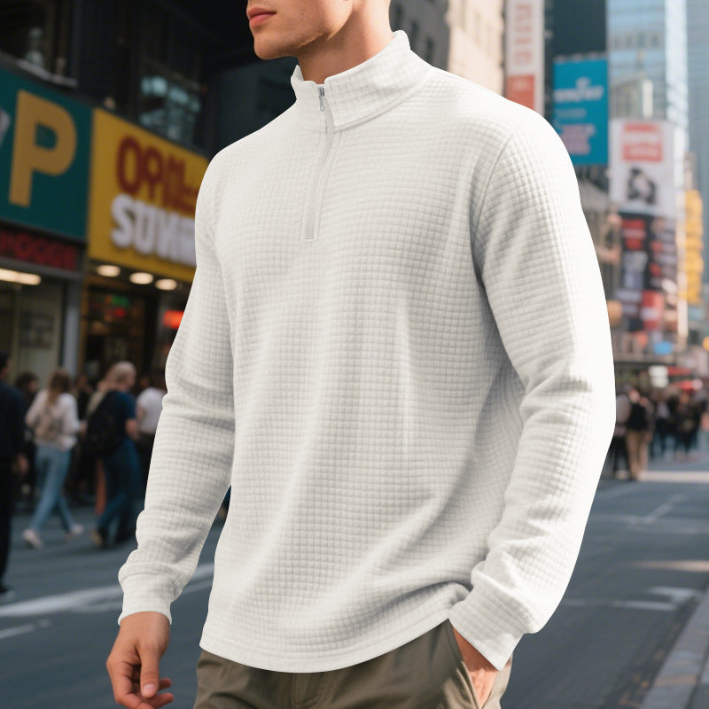 Men's textured half-zip sweatshirt with a high mock neck and long sleeves