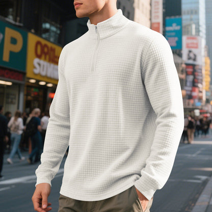 Men's textured half-zip sweatshirt with a high mock neck and long sleeves