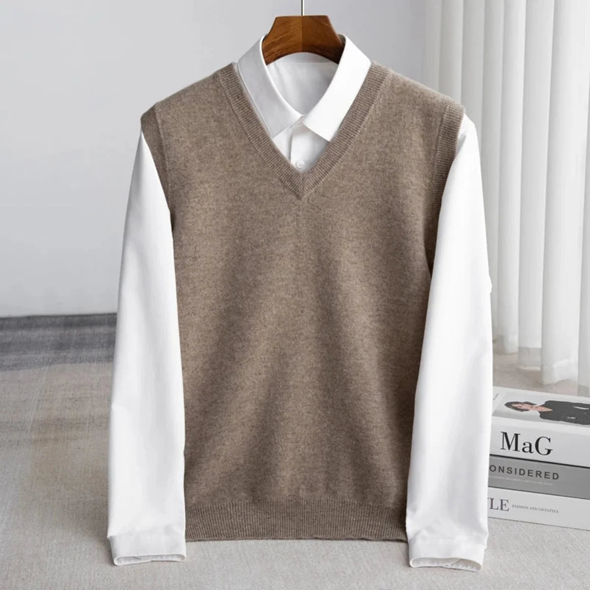 Men's plain knit V-neck sweater vest with sleeveless cut and ribbed trims