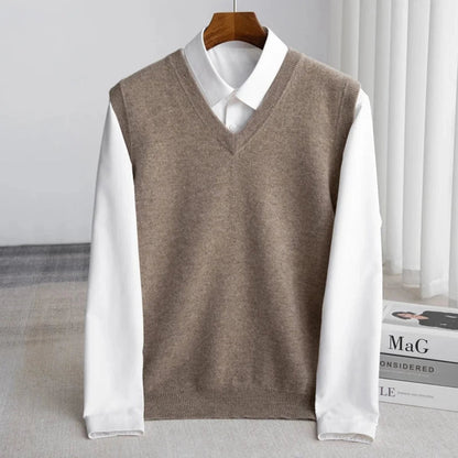 Men's plain knit V-neck sweater vest with sleeveless cut and ribbed trims