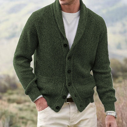 Men's textured knit cardigan with shawl collar, buttons and front pockets