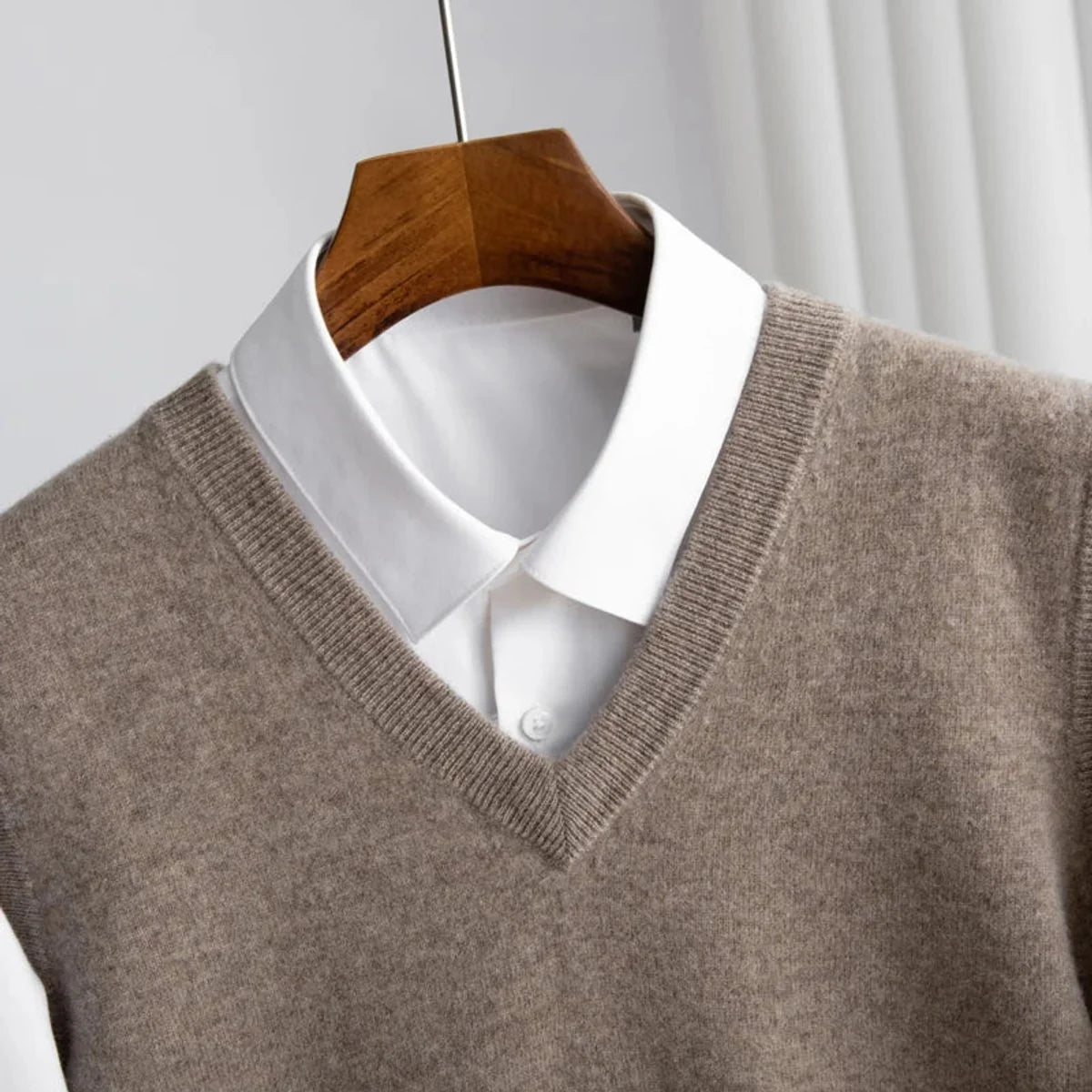 Men's plain knit V-neck sweater vest with sleeveless cut and ribbed trims