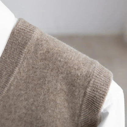Men's plain knit V-neck sweater vest with sleeveless cut and ribbed trims