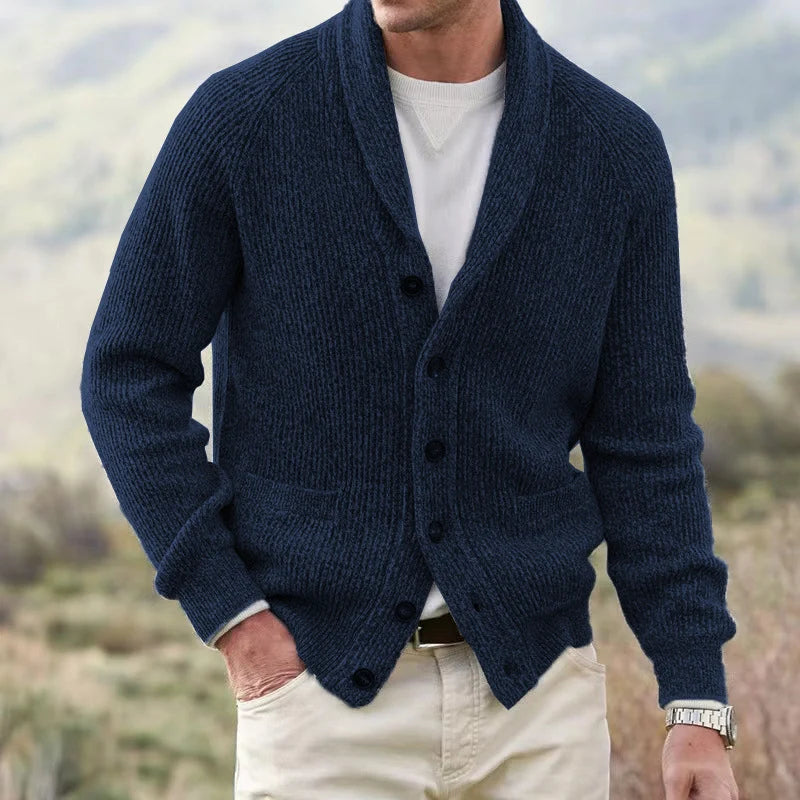 Men's textured knit cardigan with shawl collar, buttons and front pockets