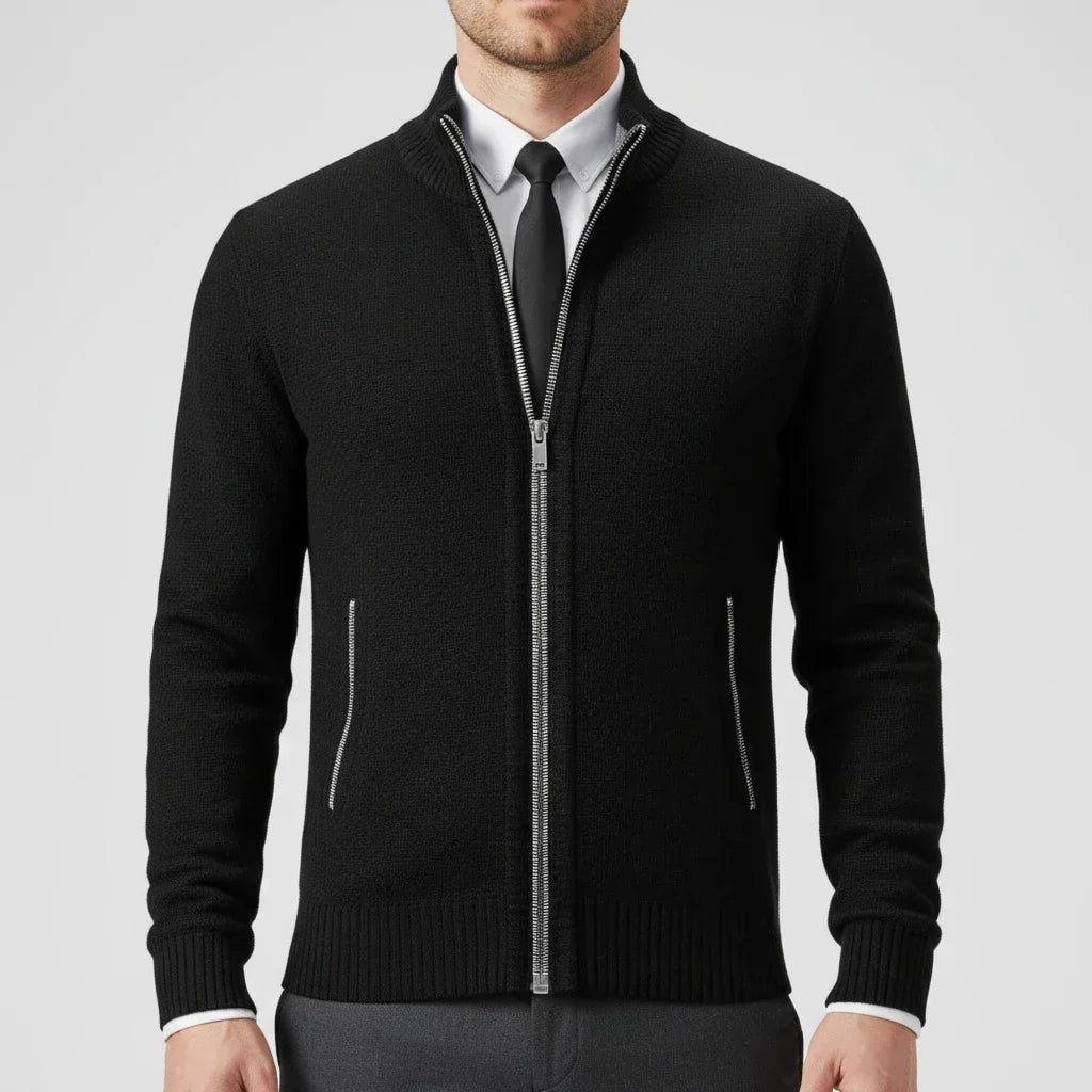 Men's stand collar knitted cardigan with full zip and two front pockets