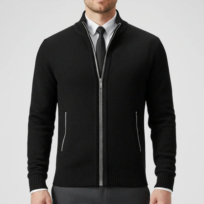 Men's stand collar knitted cardigan with full zip and two front pockets
