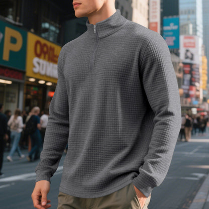 Men's textured half-zip sweatshirt with a high mock neck and long sleeves