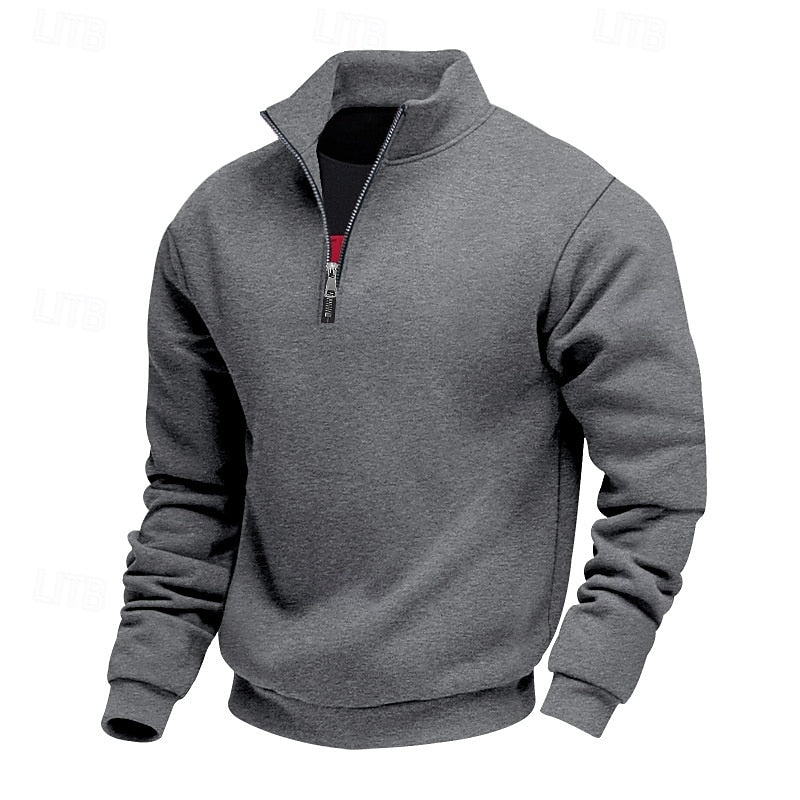 Men's plain quarter-zip sweatshirt with mock neck and long sleeves