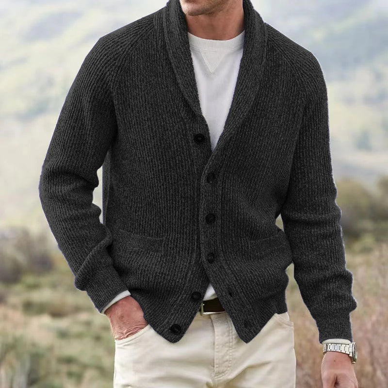 Men's textured knit cardigan with shawl collar, buttons and front pockets