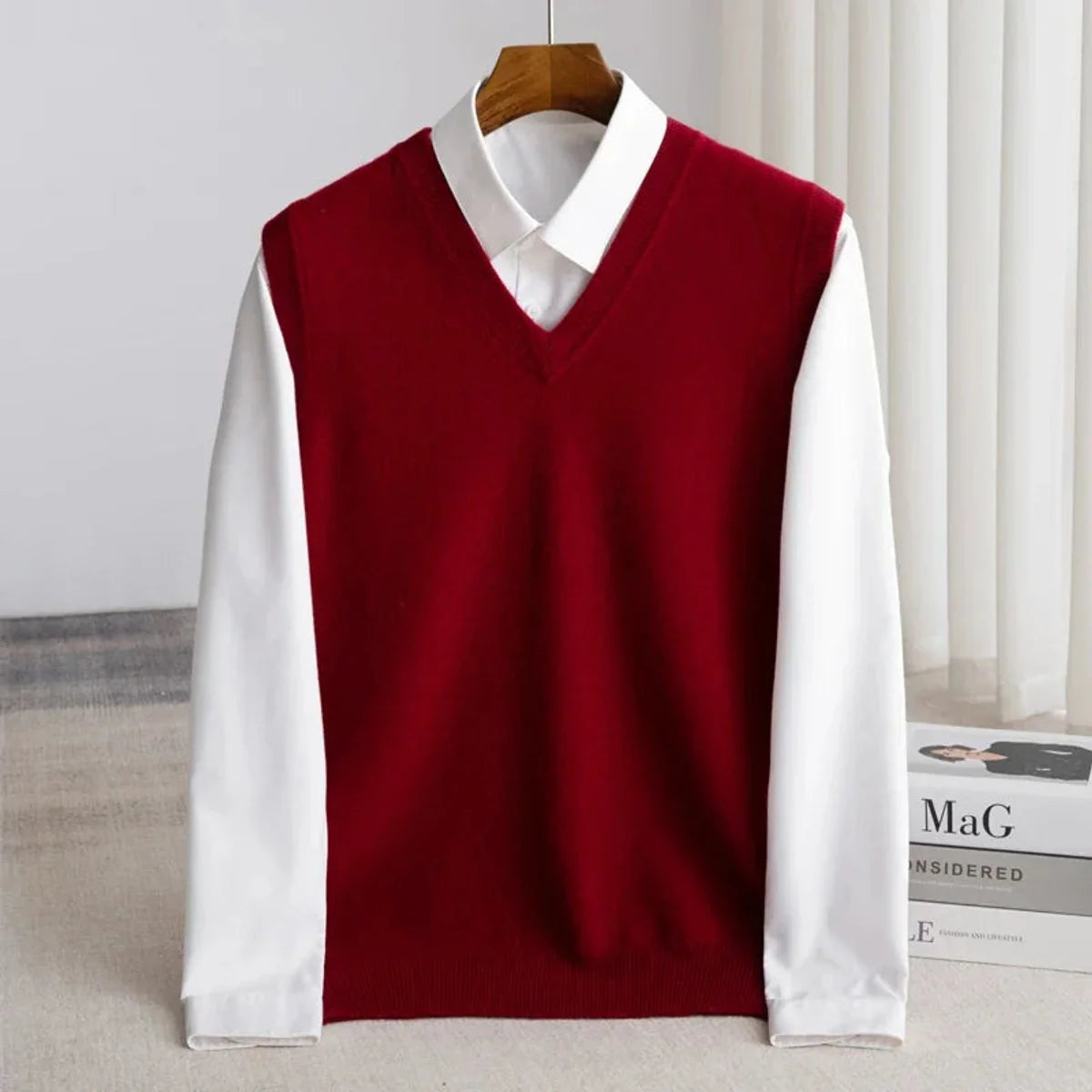 Men's plain knit V-neck sweater vest with sleeveless cut and ribbed trims
