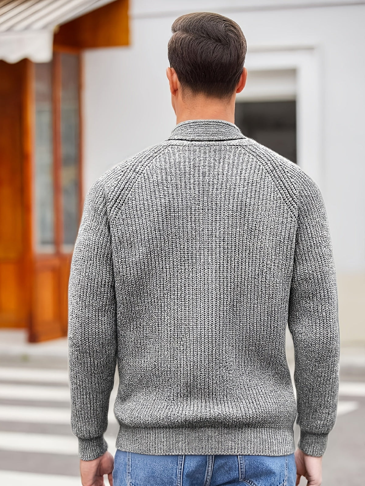 Men's textured knit cardigan with shawl collar, buttons and front pockets