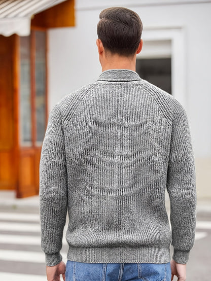 Men's textured knit cardigan with shawl collar, buttons and front pockets