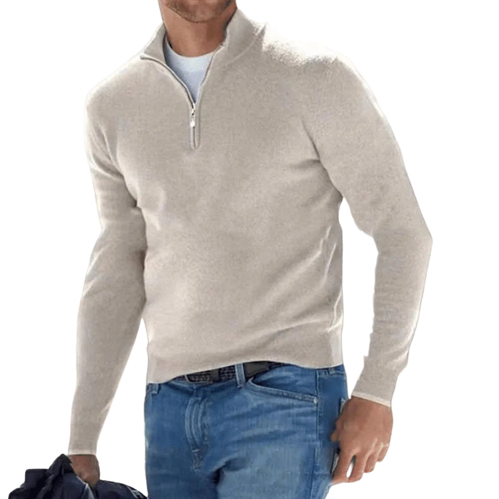 Men's long-sleeve quarter-zip knit jumper with mock neck and ribbed trims